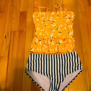 pretty sunflower swimsuit with striped bottoms